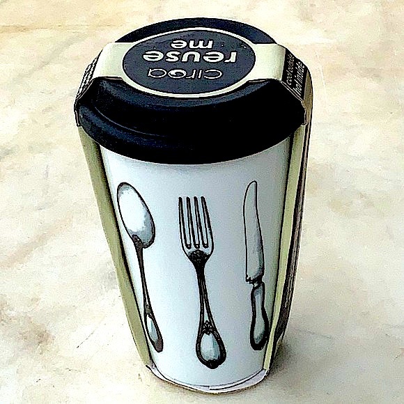 CIROA REUSE ME TRAVEL MUG UTENSILS SILICON LID COFFEE 10 OZ (SPOON FORK KNIFE) - Picture 2 of 4